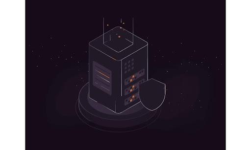 Gcore helps UCOM safeguard A stylized illustration of a dark-colored server tower with glowing lights and a shield icon, representing cybersecurity or data protection, set against a dark, starry background.