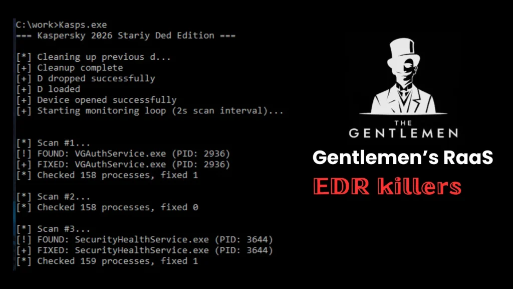 GentleKiller-Ransomware-EDR-Processes-1024×576 A computer screen displays a black terminal with code showing a malware scan. On the right, a logo of a faceless man in a hat appears above the text: “Gentlemen’s RaaS” and EDR killers in bold red letters.