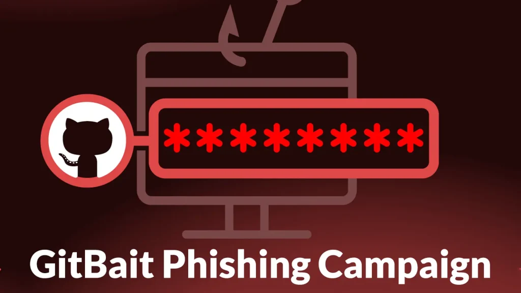 A graphic showing a computer monitor with a fishing hook above it, a password field with red asterisks, the GitHub logo, and the text GitBait Phishing Campaign at the bottom.