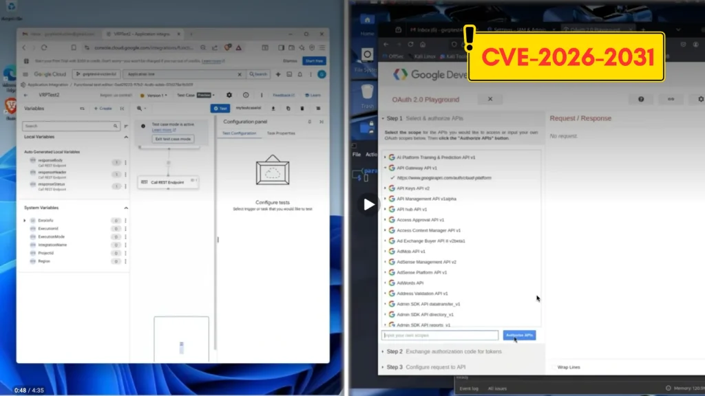 Google-Cloud-Production-RCE-Vulnerability-1024×576 Split-screen view of two browser windows showing configuration panels and Google Developer Console; a yellow label in the top right highlights the text “CVE-2026-2031”.