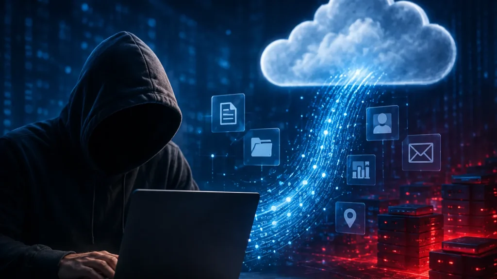 Hackers-Abuse-Cloud-Logging-Services-to-Evade-Detection-and-Defenders-Visibility-1024×576 A hooded figure sits at a laptop in a dark room. Digital icons flow from a glowing cloud, representing data transfer, while red and blue tones hint at cyber activity or hacking.