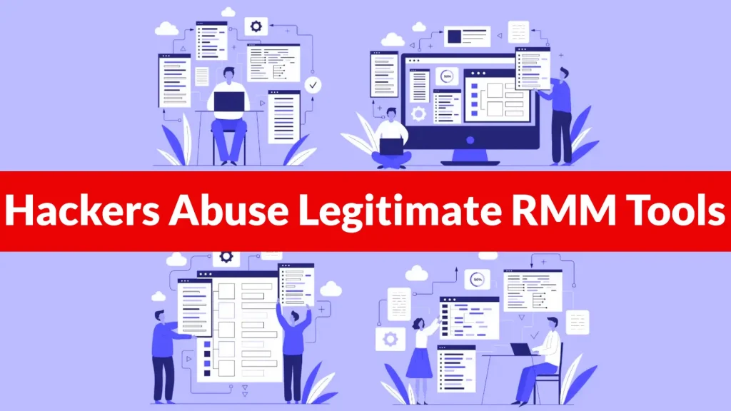Hackers-Abuse-Legitimate-RMM-Tools-in-The-Quarry-IRS-and-SSA-Phishing-Campaigns-1024×576 Illustration of people working on computers and software interfaces, with a bold red banner across the center that reads, Hackers Abuse Legitimate RMM Tools.