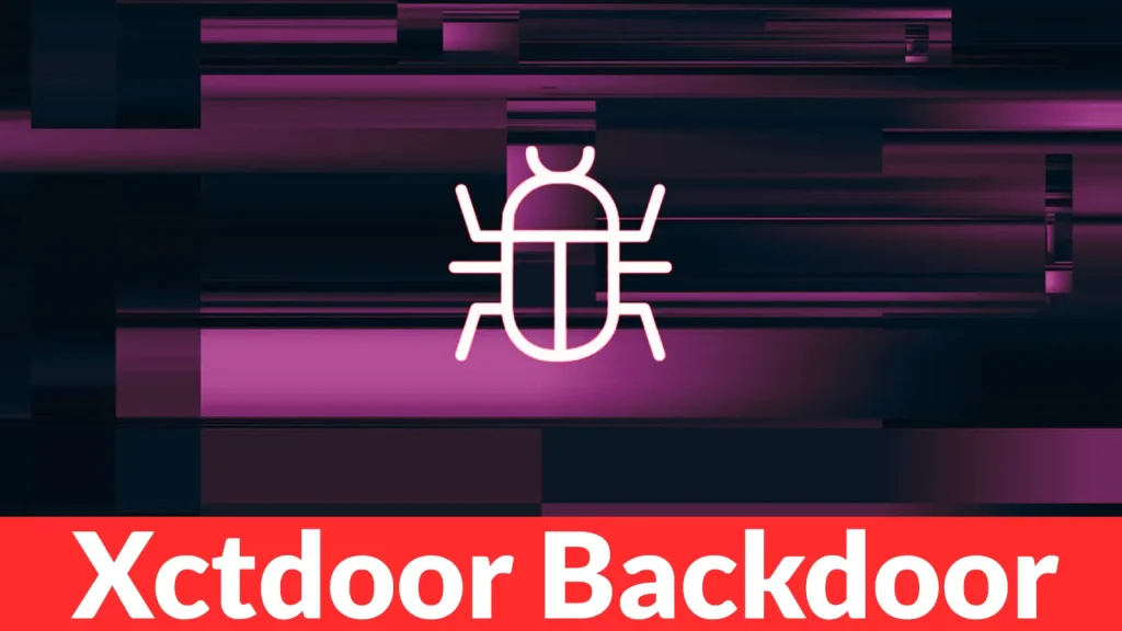 Hackers-Abuse-PowerShell-VBScript-and-BAT-Files-to-Deliver-Xctdoor-Backdoor-1024×576 A stylized white bug icon is centered on a glitchy, dark purple background. At the bottom, a red banner displays the text Xctdoor Backdoor in bold white letters.