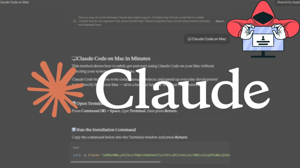 A screenshot of a dark-themed coding tutorial titled Claude Code on Mac with the Claude AI logo centered. In the top right, a cartoon figure in a red hoodie appears above a computer screen, implying hacking or coding.