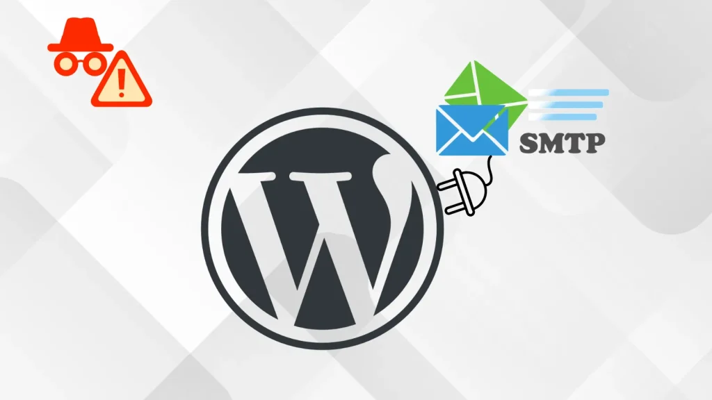 Hackers-Actively-Exploiting-WordPress-SMTP-Plugin-With-100000-Installs-to-Access-Sensitive-Data-1024×576 WordPress logo in the center, with an SMTP email icon and a mail plugin illustration on the right, and a warning symbol with a spy hat and glasses on the left, all on a light geometric background.