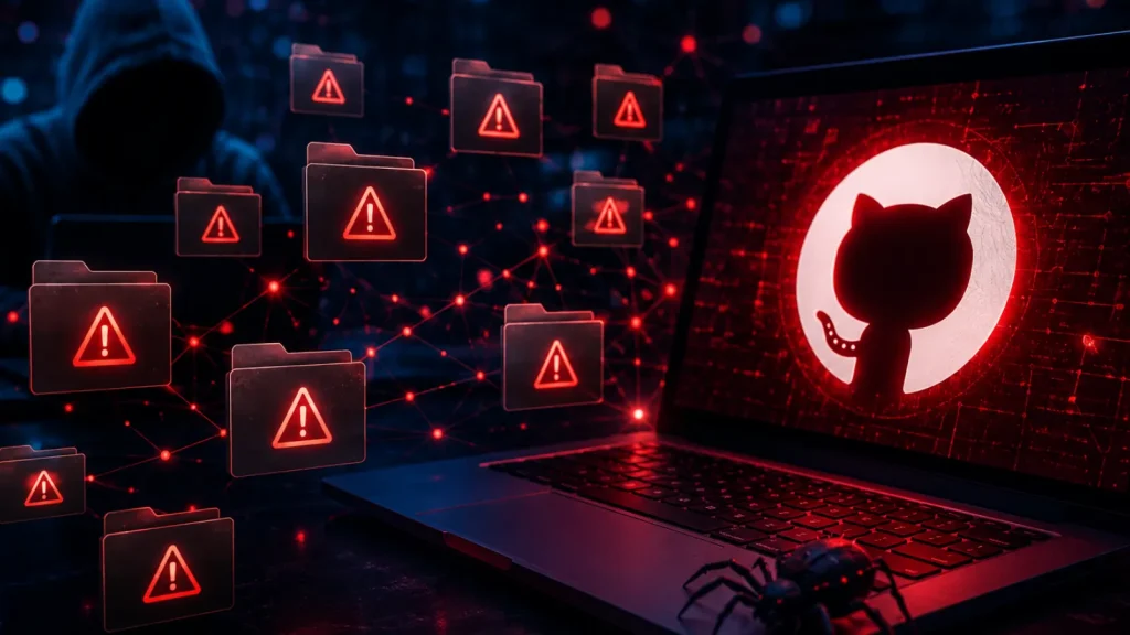 A laptop displaying the GitHub logo is surrounded by glowing red warning icons and folders, suggesting a cybersecurity threat. A hooded figure and a spider are visible, adding to the sense of a hacking or malware attack.