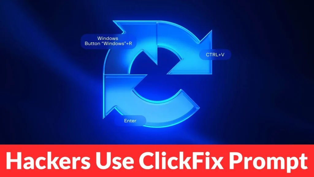 A blue circular arrow icon with labeled keyboard shortcuts (Windows+R, CTRL+V, Enter); bold red banner at the bottom reads, “Hackers Use ClickFix Prompt.”.