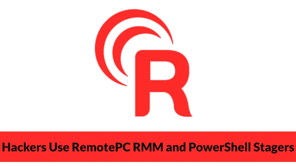Hackers-Use-RemotePC-RMM-and-PowerShell-Stagers-to-Deploy-Prinz-Eugen-Ransomware-1024×576 A large red letter R with curved lines above it is centered on a white background. Below, a red banner reads: Hackers Use RemotePC RMM and PowerShell Stagers in black text.