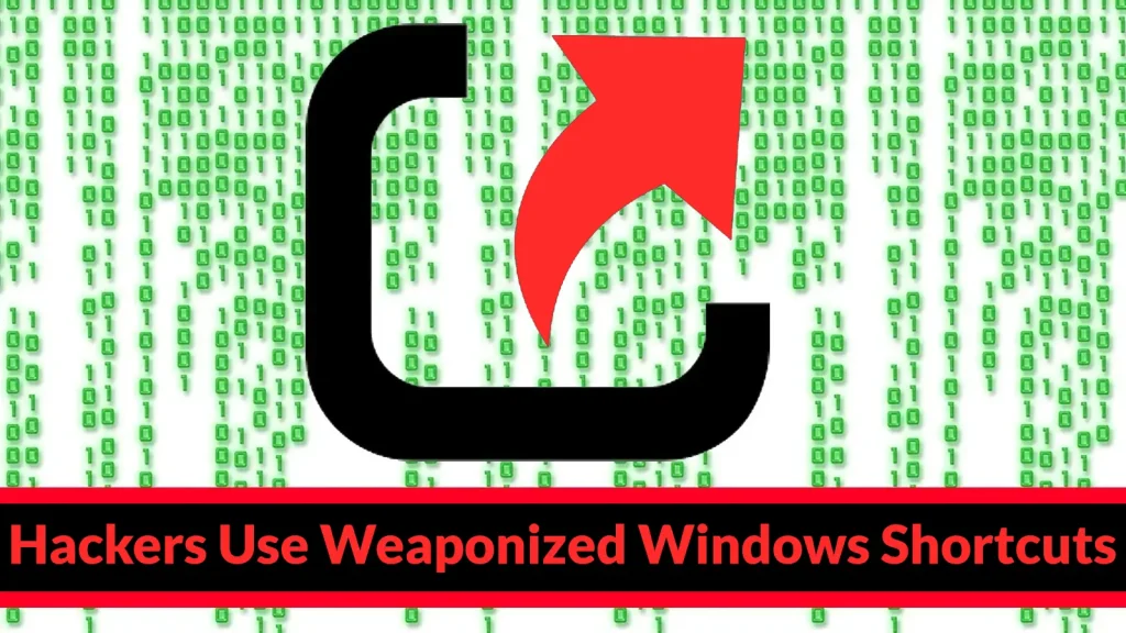 Hackers-Use-Weaponized-Windows-Shortcuts-to-Spread-Crypto-Clipper-Across-USB-Drives-1024×576 A large Windows shortcut icon with a red arrow overlays a background of green binary code. A black and red banner at the bottom reads: Hackers Use Weaponized Windows Shortcuts.