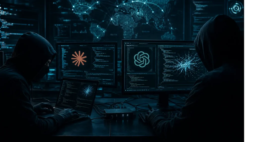 Hackers-Using-Claude-and-OpenAIs-Codex-for-exploitation-and-data-exfiltration-activities-1024×576 Two people in hoodies sit in a dark room with multiple computer screens displaying coding interfaces, digital graphics, and maps, suggesting cybersecurity or hacking activity. Blue and teal lighting creates a high-tech atmosphere.