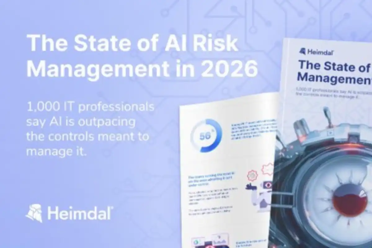A promotional image for Heimdal’s report, “The State of AI Risk Management in 2026,” featuring a magazine cover with a robotic eye and text about AI outpacing management controls, targeted at IT professionals.