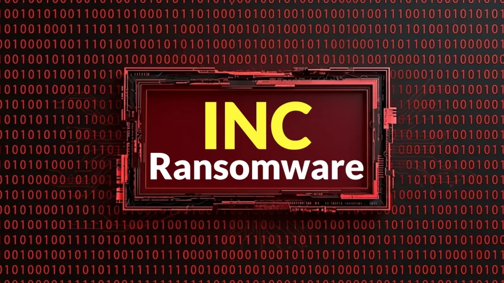 INC-Ransomware-Uses-Rust-Based-Windows-and-Linux-ESXi-Encryptors-in-New-Attacks-1024×576 A digital red screen displays the words “INC Ransomware” in bold yellow and white text, with a background of binary code (ones and zeros) suggesting a cyber or hacking theme.