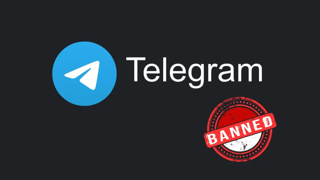 Telegram logo and text on a dark background with a red BANNED stamp over part of the image, indicating the app is prohibited.