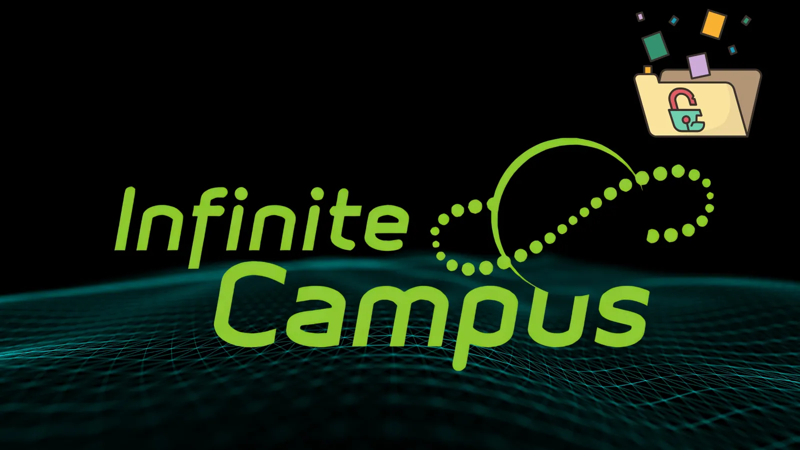 Infinite-Campus-data-breach-Exposes-137000-Users-Personal-Details The image shows the Infinite Campus logo in green with a dotted infinity symbol. In the top right, there is an illustrated folder with icons of a lock, a person, and files, suggesting digital records or security.