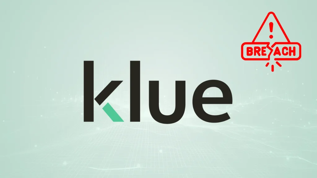 The Klue logo is centered on a light green background, with a red breach alert icon and the word BREACH inside a triangle in the top right corner.
