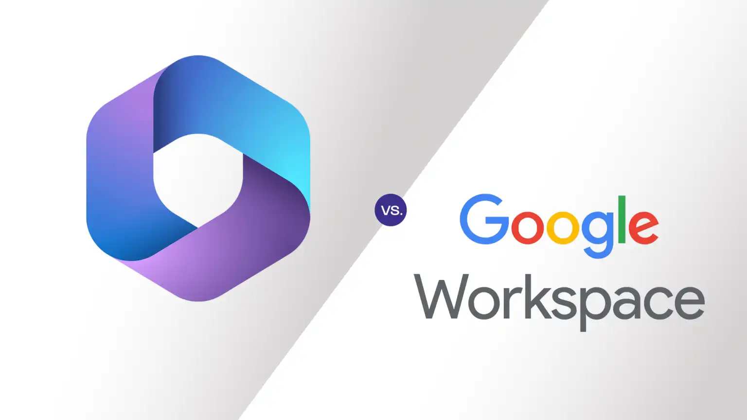 Side-by-side comparison image featuring the Microsoft 365 logo on the left and the Google Workspace logo with text on the right, separated by a diagonal line and a vs. circle in the center.