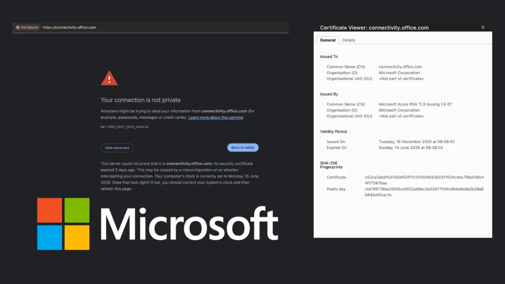 Microsoft-Site-Showing-Warning-1024×576 A browser shows a Your connection is not private warning for connectivity.office.com, with a certificate viewer open on the right. The Microsoft logo appears at the bottom left.