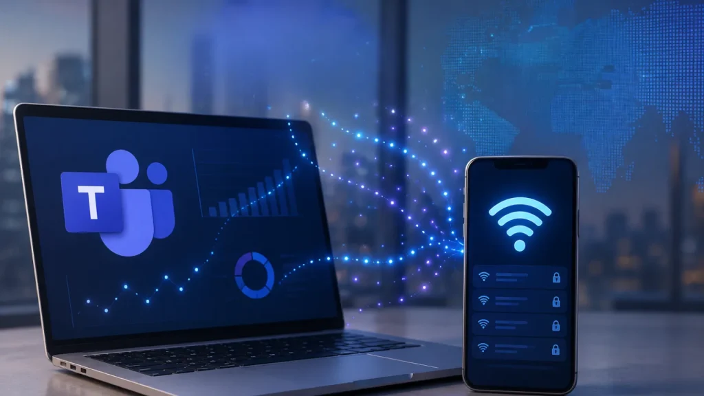 Microsoft-Teams-analyzes-the-Wi-Fi-hotspot-data-connected-to-an-employees-device-1024×576 A laptop displaying Microsoft Teams next to a smartphone showing a Wi-Fi symbol and network list, with digital blue waves connecting both devices. A cityscape and digital world map are in the background.