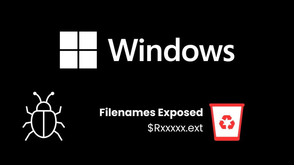 Windows logo with the word Windows next to it. Below are a bug icon, the words Filenames Exposed $Rxxxxx.ext, and a red recycling bin icon, all on a black background.