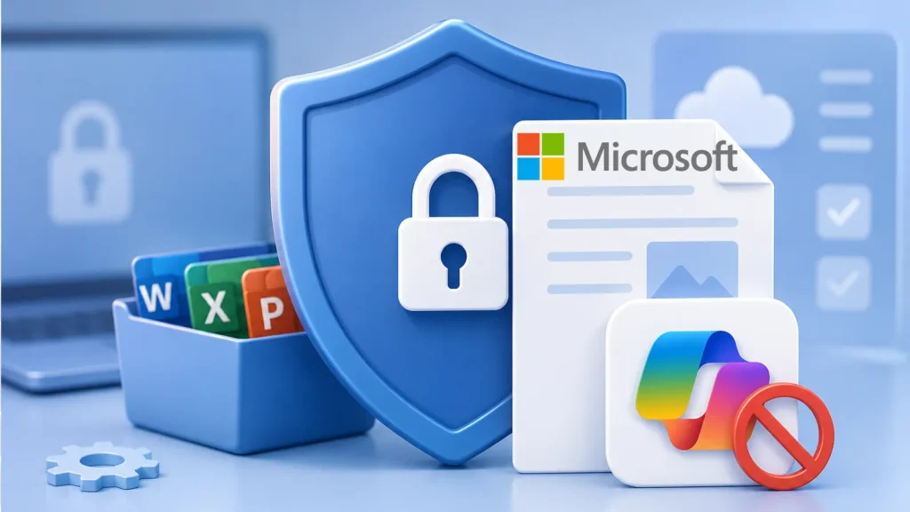 Microsoft-to-Unveil-New-Setting-to-Block-Copilot-from-analyzing-Office-files-1024×576 A blue shield with a padlock icon is surrounded by Microsoft Office app icons, a Microsoft document, and a banned Microsoft Loop icon, symbolizing data security and access restriction.