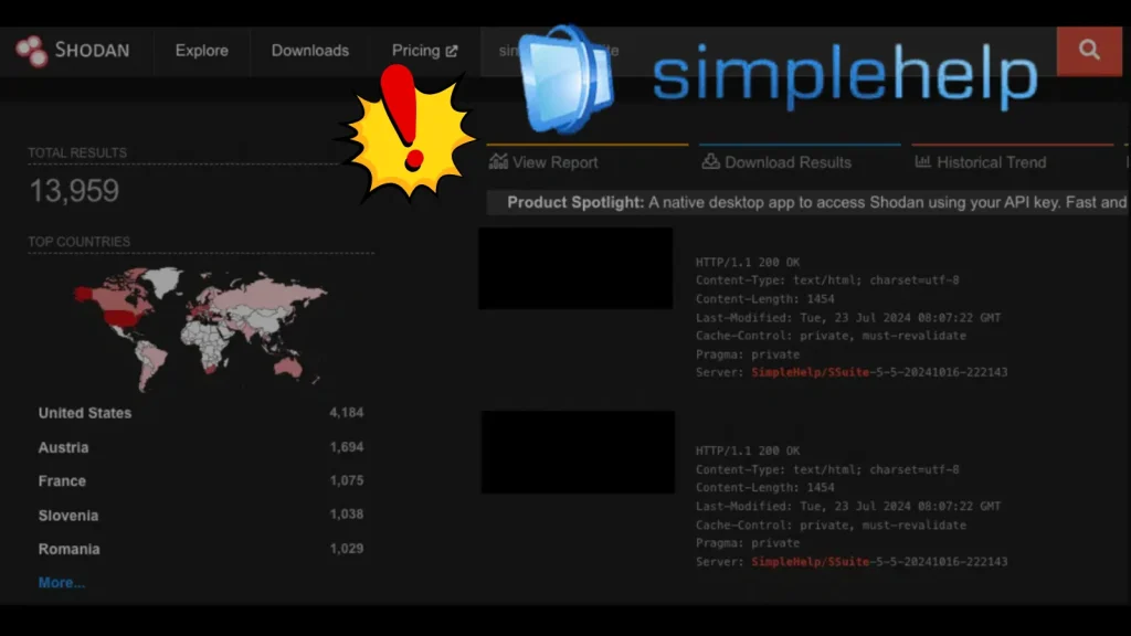 Nearly-14000-SimpleHelp-Servers-Exposed-Amid-Critical-Authentication-Bypass-Disclosure-1024×576 A screenshot of the Shodan website shows search results with a world map highlighting top countries and a results list. The SimpleHelp logo and an exclamation icon are overlaid at the top.