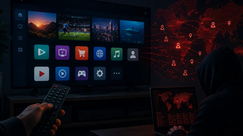 A person uses a remote to navigate a smart TV menu, while another person in a hoodie works on a laptop in a dark room, with a digital map and icons suggesting cybersecurity or hacking activity.