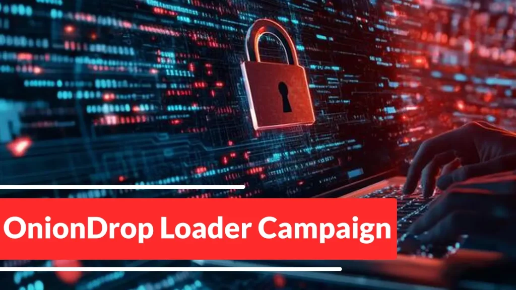 A person types on a keyboard in front of a digital interface with a padlock symbol, representing cybersecurity. The image includes the text OnionDrop Loader Campaign in bold white letters on a red banner.