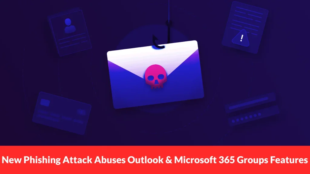 New-Phishing-Attack-Abuses-Outlook-and-Microsoft-365-Groups-Features-to-Attack-Users-1024×576 A digital illustration of an envelope with a pink skull icon in the center, surrounded by abstract dark icons, with a headline below reading: βNew Phishing Attack Abuses Outlook & Microsoft 365 Groups Features.β.