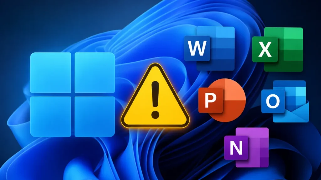 Windows logo and Microsoft Office app icons with a yellow warning symbol in the center, set against a blue abstract background.
