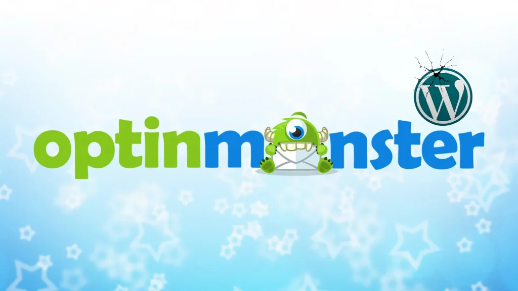 OptinMonster-Plugin-Hack-Exposes-1.2-million-WordPress-sites-to-Cyberattack-1024×576 OptinMonster logo with green and blue text, featuring a friendly green monster holding an envelope. The WordPress logo appears in the top right corner with a cracked glass effect. Background is light blue with star patterns.
