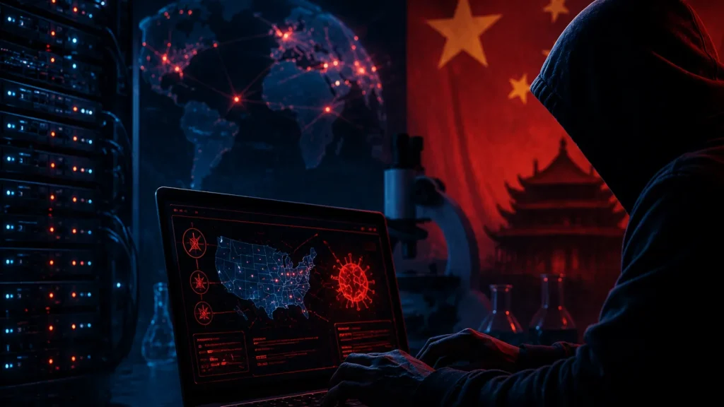 A hooded figure works on a laptop displaying a map of the U.S. with digital virus graphics. In the background, a world map and a large Chinese flag are visible, suggesting cyber activity or hacking.