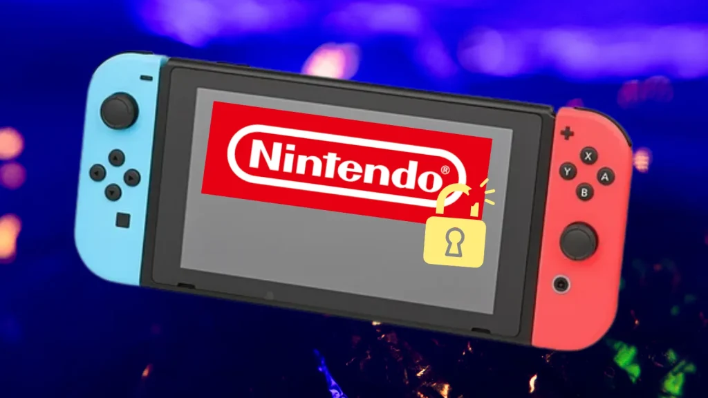 A Nintendo Switch console with blue and red Joy-Con controllers displays the Nintendo logo on its screen, along with a yellow unlocked padlock icon. The background is blurred with purple and blue tones.