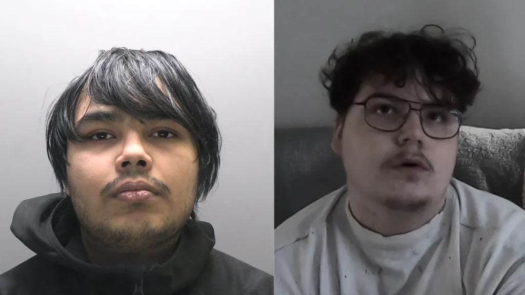 Scattered-Spider-Hackers-Who-Breached-Londons-Transport-computer-network-Breached-1-1024×576 Two young men with dark hair are shown side by side. The man on the left has straight hair and a mustache, wearing a dark jacket. The man on the right has curly hair, glasses, and facial hair, wearing a light shirt, seated on a couch.