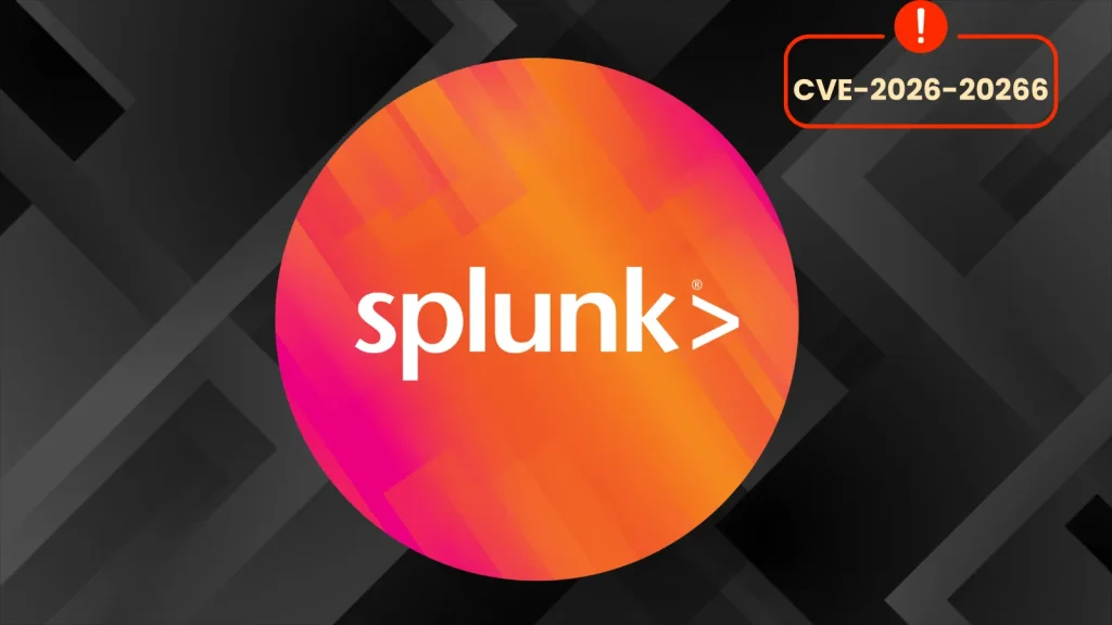 An orange and pink circle with the white Splunk logo is centered on a dark geometric background. In the top right, a red warning symbol and the text CVE-2026-20266 are highlighted.