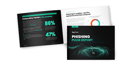 Three pages of a digital report titled SpyCloud Phishing Pulse Report are displayed. One page features charts and statistics highlighting phishing threats targeting Fortune 100 and FTSE 100 companies.