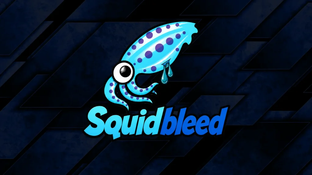 Squidbleed-Vulnerability-1024×576 A cartoon blue squid with purple spots and large eyes has blue liquid dripping from its head. Below it, the text Squidbleed is written in blue against a dark, geometric background.