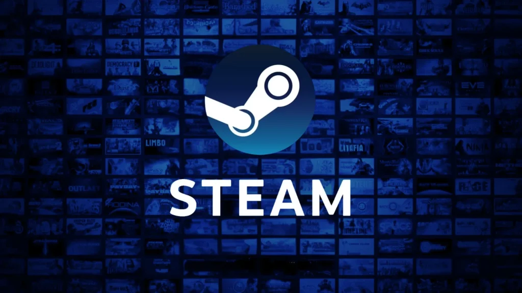 The Steam logo, a white stylized mechanical arm on a blue circular background, appears above the word STEAM in bold white letters, with a collage of various game covers blurred in the background.