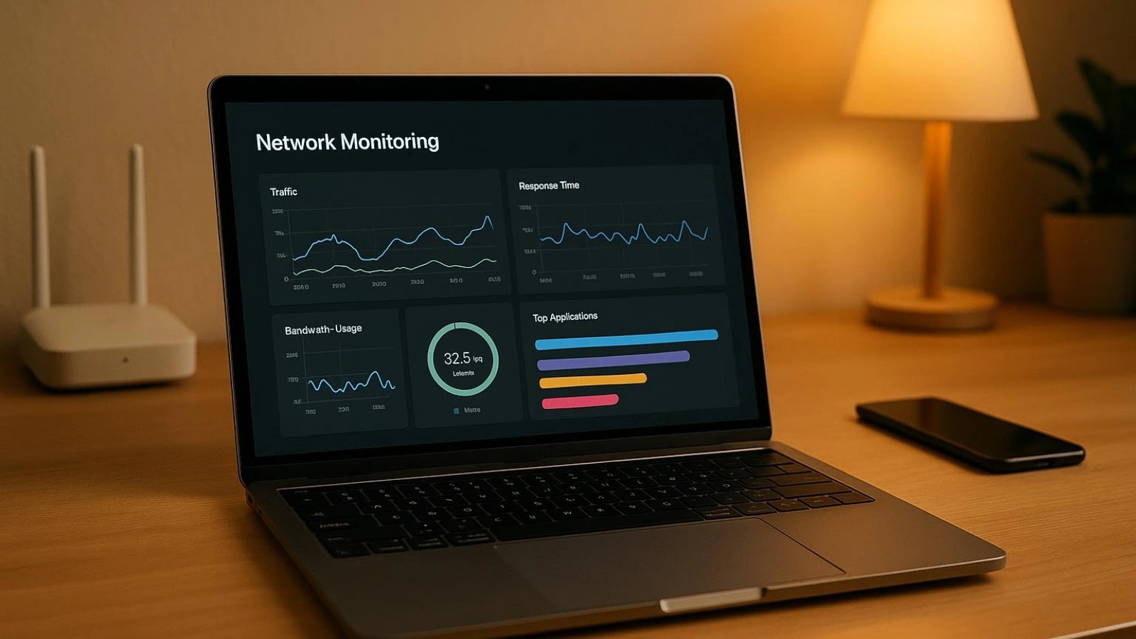 TTT – 2026-06-16T170738.829 A laptop on a wooden desk displays network monitoring graphs and data. Nearby are a smartphone, a wireless router, and a lit lamp, creating a warm, modern workspace environment.