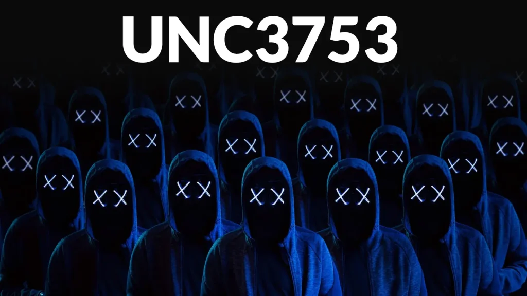 A group of hooded figures with featureless faces, each showing glowing X symbols for eyes, stands in the dark below the bold text UNC3753. The image has a mysterious, cyber-themed vibe.