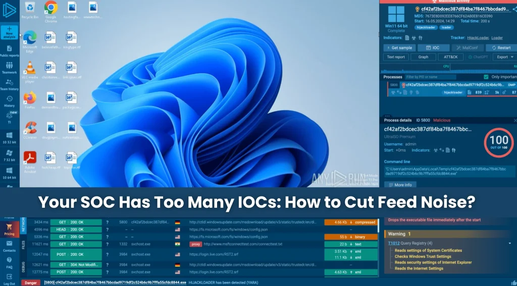A Windows 11 desktop with security alert windows and threat analysis overlay. Text at the bottom reads: “Your SOC Has Too Many IOCs: How to Cut Feed Noise?”.