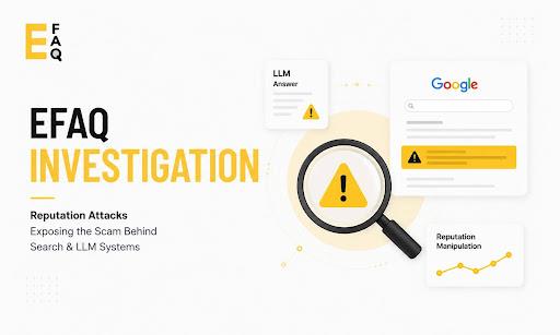 eFAQ investigation An infographic titled EFAQ Investigation highlights reputation attacks in search and LLM systems, with icons for Google search, LLM answer, a magnifying glass, and a reputation manipulation chart.