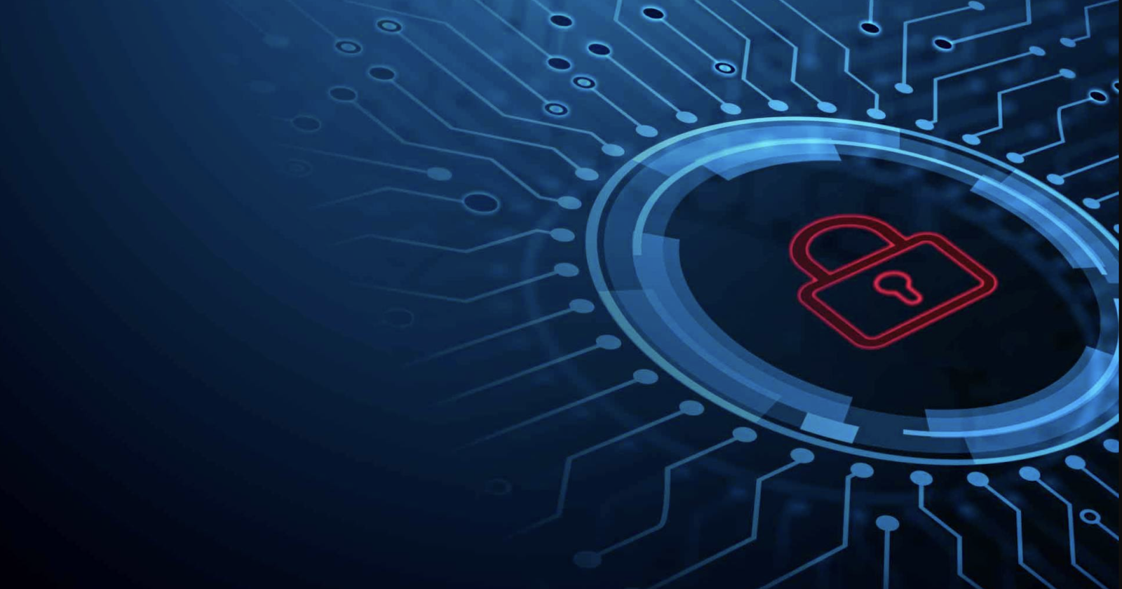 modern data protection standards A glowing red padlock icon is centered in a circular digital interface, surrounded by blue circuit-like lines on a dark background, symbolizing cybersecurity and data protection.