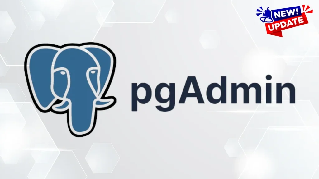 The image shows the pgAdmin logo with a blue elephant head graphic next to the text pgAdmin. In the top right corner, there is a red NEW! UPDATE banner. The background has a light hexagonal pattern.