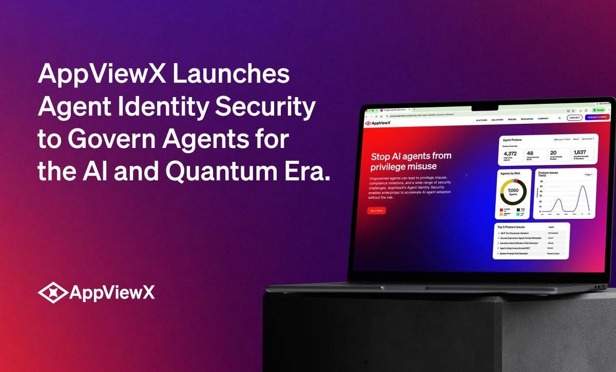 A laptop displays a webpage titled Stop AI agents from privilege misuse with graphs and stats. Text beside it reads, AppViewX Launches Agent Identity Security to Govern Agents for the AI and Quantum Era. AppViewX logo is below.