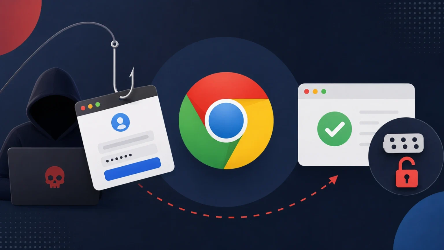 AI-Generated-Phishing-Without-Malware-1-1536×864 A phishing hook targets a login form, with a Google Chrome logo in the center and a secure login screen with a checkmark on the right, linked by a dashed red arrow.
