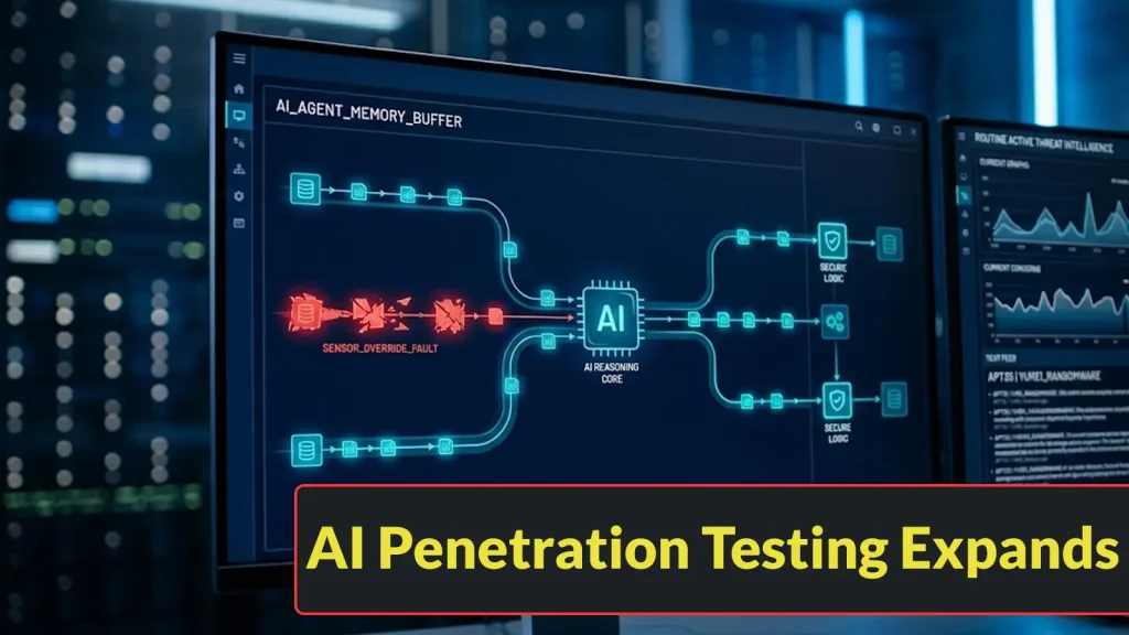 AI-Penetration-Testing-Expands-to-Retrieval-Poisoning-Memory-Attacks-and-Sensor-Manipulation-1024×576 A computer screen displays a network diagram with AI at the center and a highlighted security threat. Text at the bottom reads, AI Penetration Testing Expands.