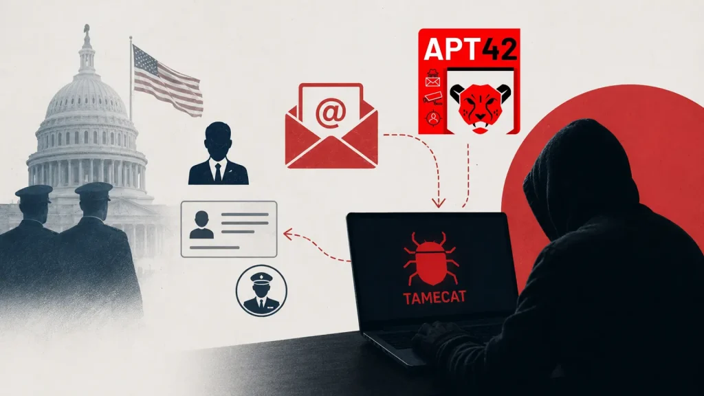 A hooded figure on a laptop with TAMECAT, US Capitol, soldiers, government icons, and APT42 logo, suggesting cyber espionage or hacking targeting government entities.