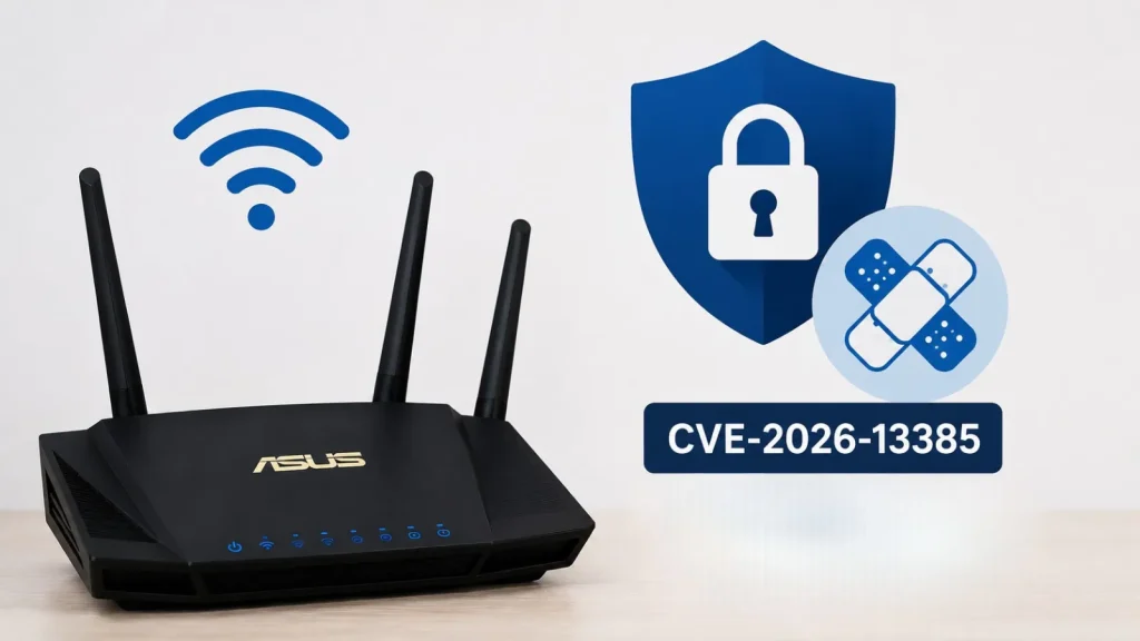 A black Asus router sits on a table. Next to it are icons of a Wi-Fi signal, a shield with a padlock, a patch, and text reading CVE-2026-13385.”.