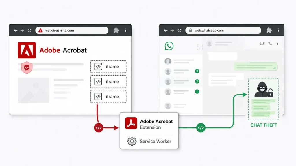 Diagram showing a phishing attack where a fake Adobe Acrobat page uses iframes to steal WhatsApp chat data, illustrated with browser windows, code arrows, and an icon of a masked figure in a chat bubble.