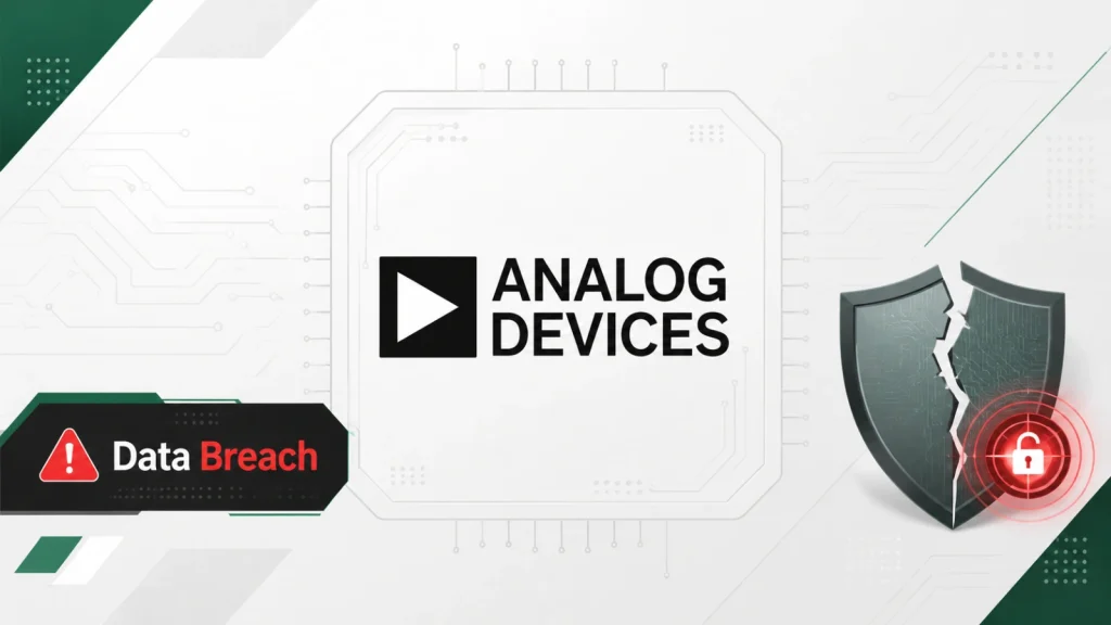 Analog-Devices-Confirms-Data-Breach-1024×576 Analog Devices logo in the center, with a warning sign, Data Breach, on the left and a cracked shield with a red unlocked padlock on the right, indicating a cybersecurity incident.